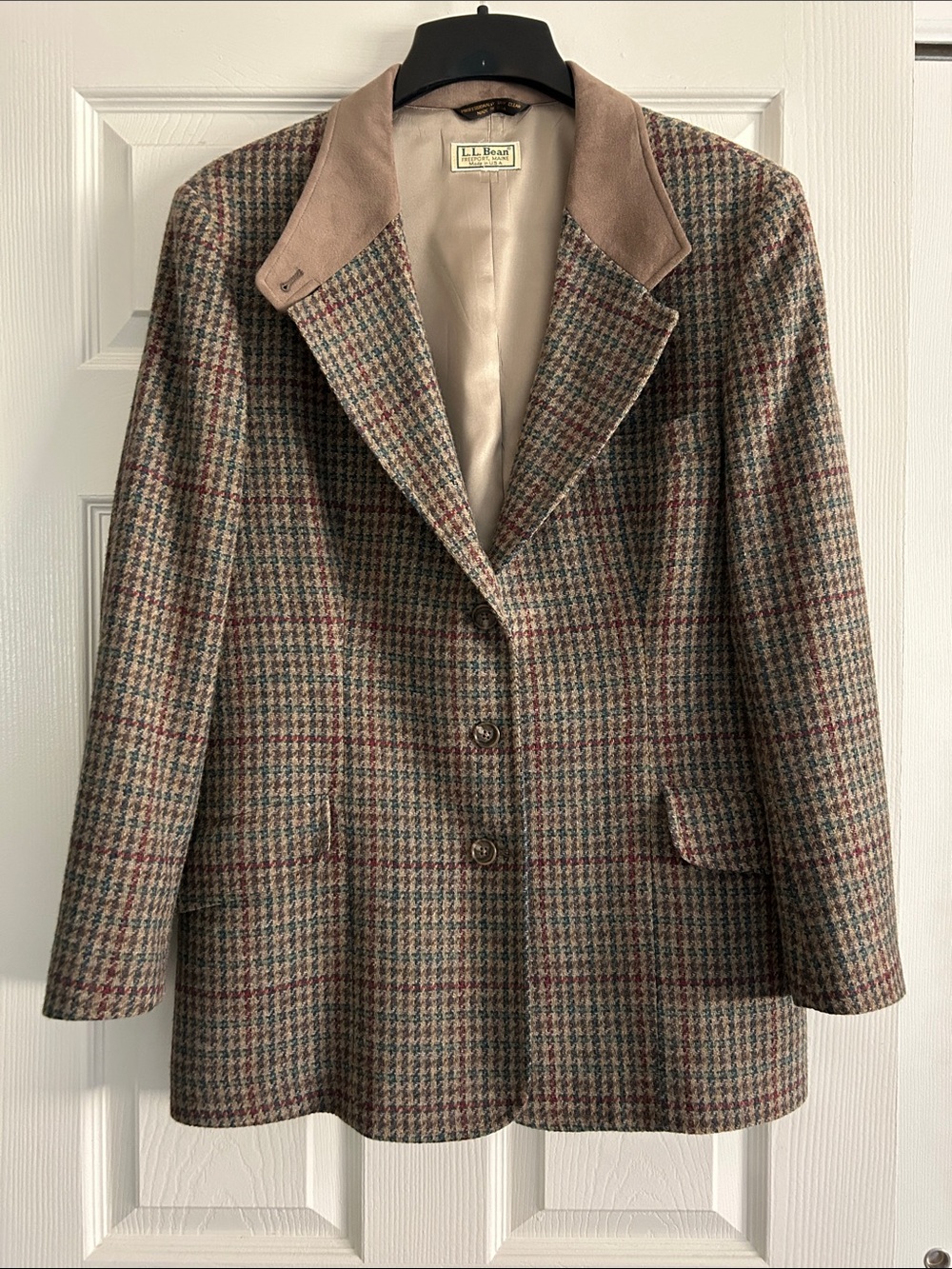 Vintage L.L.Bean Houndstooth Wool Blend Blazer Jacket Brown Multi
